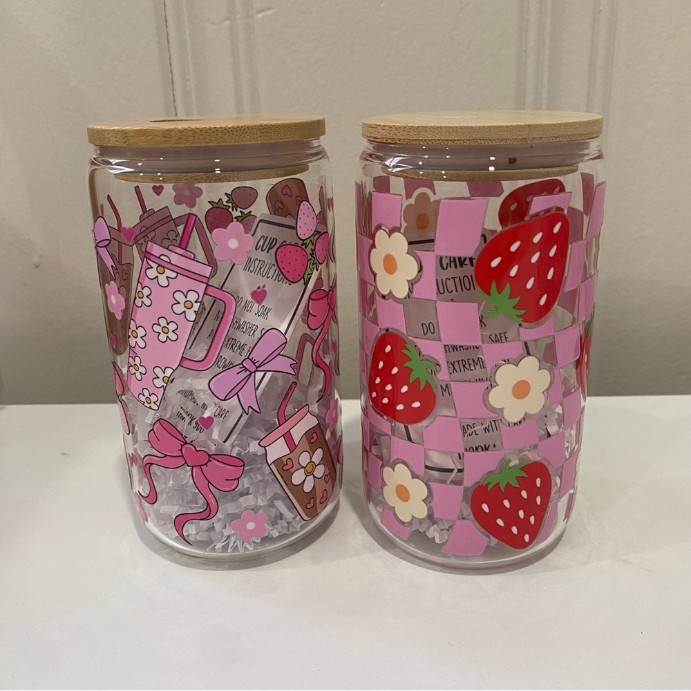Pink Strawberry and coffee Glass Jars 16 oz